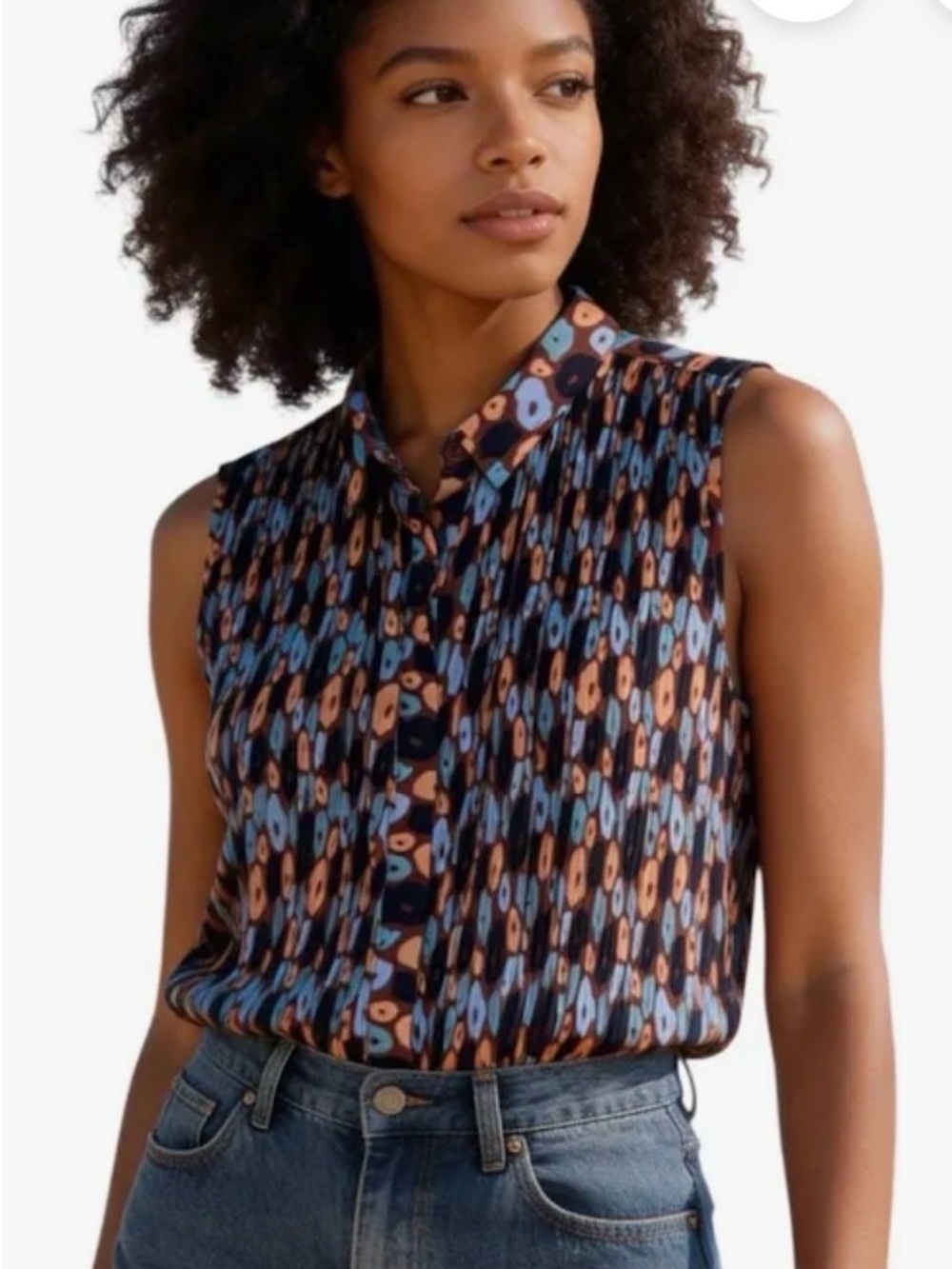 NWT Wildfang Pleated Sleeveless Button Up Top Small Retro Print
